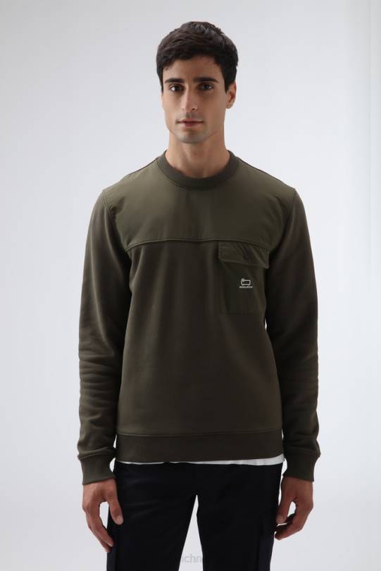 genser med rund hals i bomull og taslan nylon mørk grønn menn Woolrich klær 8PBN716