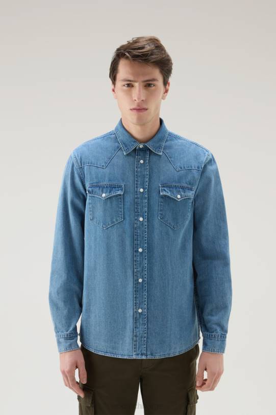 dongeriskjorte i ren bomull bleket denim menn Woolrich klær 8PBN625