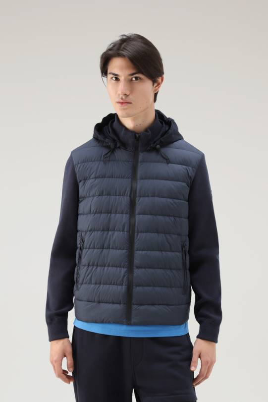 sundance hybridjakke i vattert mikrofiber og ren bomull med hette melton blå menn Woolrich klær 8PBN481